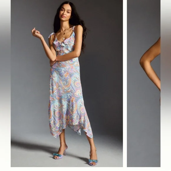 Anthropologie V Neck Ruffle Slip Dress Sz xxs xs 0 2 New $$$ multi color pastels - Picture 8 of 9